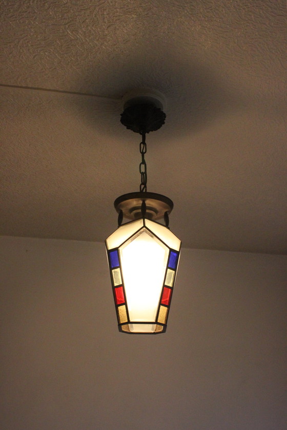 Image 1 of Art Deco Stained Glass Pendant Lamp, 1920S