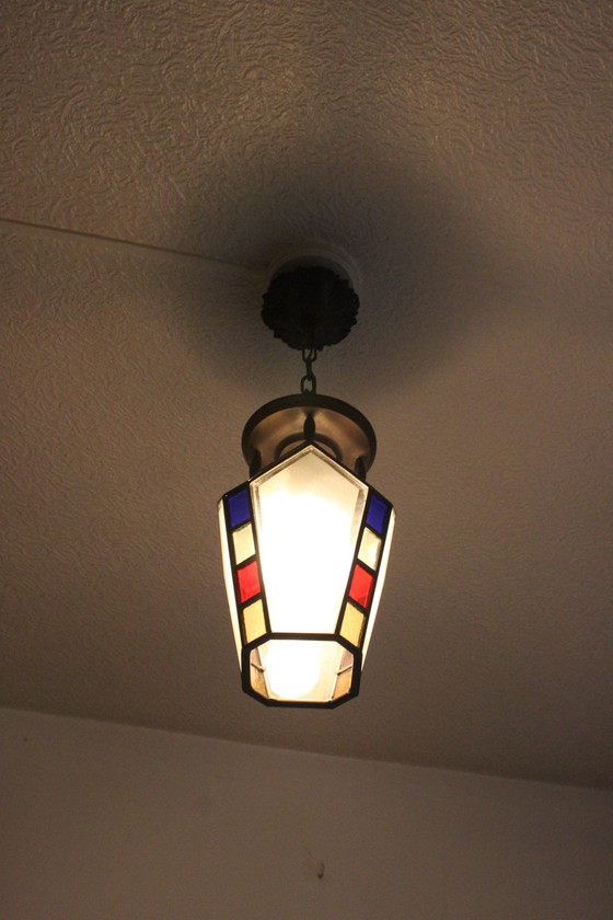 Image 1 of Art Deco Stained Glass Pendant Lamp, 1920S