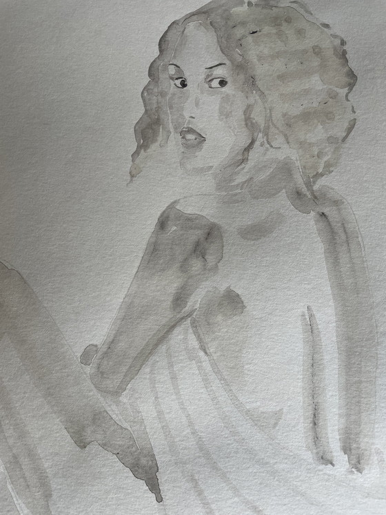 Image 1 of Ritratto di donna in acquerello seppia "Look"