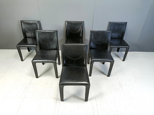 Set Of 6 Black Leather Dining Chairs By Arper Italy, 1980S 