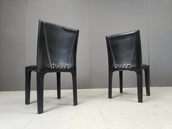 Image 1 of Set Of 6 Black Leather Dining Chairs By Arper Italy, 1980S 