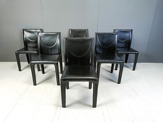 Image 1 of Set Of 6 Black Leather Dining Chairs By Arper Italy, 1980S 