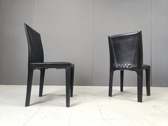 Image 1 of Set Of 6 Black Leather Dining Chairs By Arper Italy, 1980S 