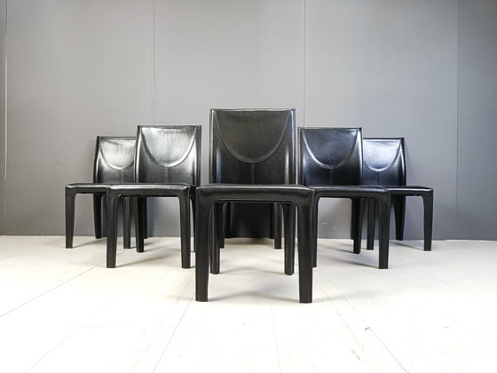 Image 1 of Set Of 6 Black Leather Dining Chairs By Arper Italy, 1980S 