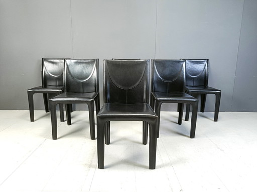 Set Of 6 Black Leather Dining Chairs By Arper Italy, 1980S 