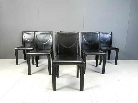 Image 1 of Set Of 6 Black Leather Dining Chairs By Arper Italy, 1980S 