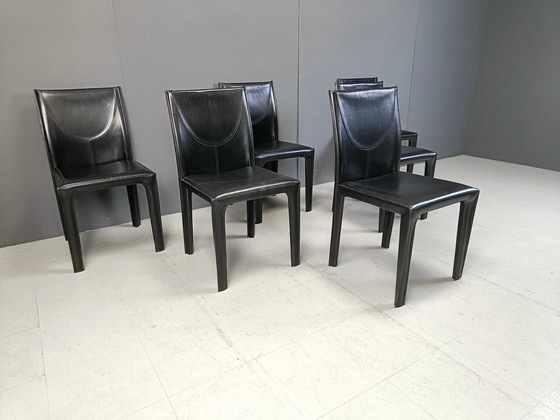 Image 1 of Set Of 6 Black Leather Dining Chairs By Arper Italy, 1980S 