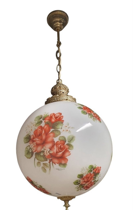 2065 Antique Glass Pendant Lamp With Roses And Copper