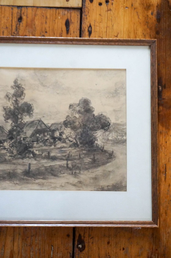 Image 1 of Antique Dutch Countryside Landscape Drawing By P. Schmidt * 1920S * Framed * Original Sketch