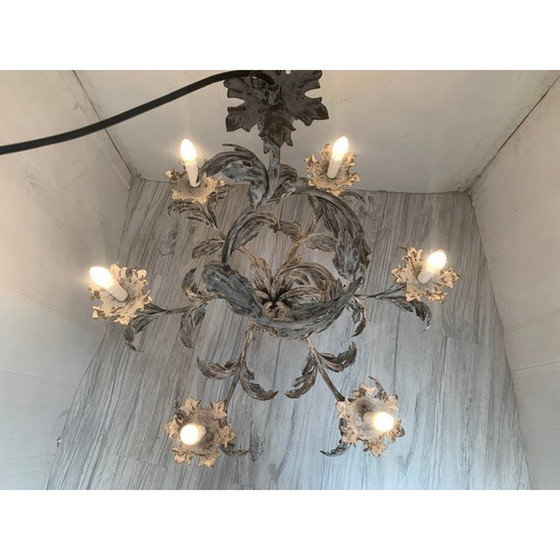 Image 1 of Contemporary Brunish-Clay Florentine Wrought Iron Leafs Chandelier