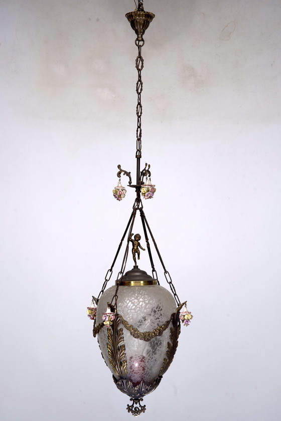 Image 1 of Italian Brass, Etched Glass And Capodimonte Flowers Lantern From 50S
