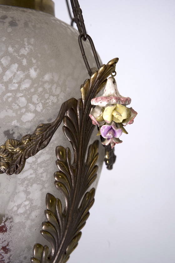 Image 1 of Italian Brass, Etched Glass And Capodimonte Flowers Lantern From 50S