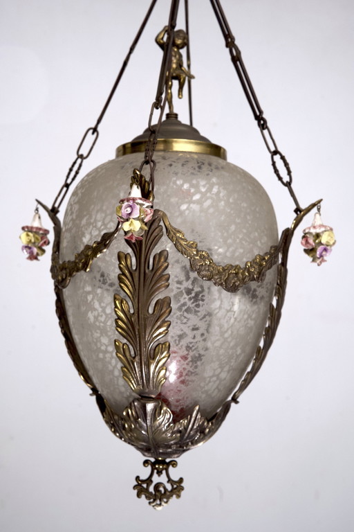 Italian Brass, Etched Glass And Capodimonte Flowers Lantern From 50S