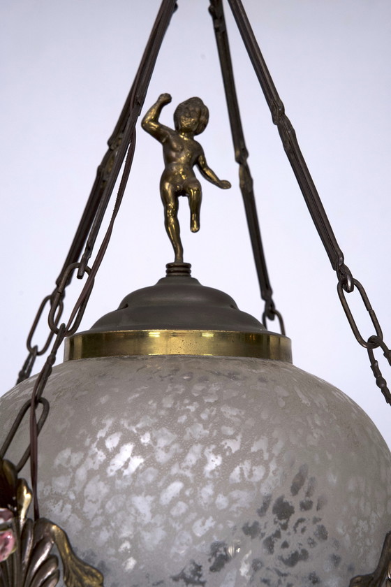Image 1 of Italian Brass, Etched Glass And Capodimonte Flowers Lantern From 50S