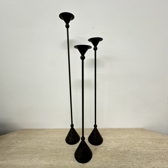 Image 1 of Set of 3 bronze Memphis style candle holders , 1980s