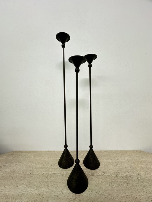 Set of 3 bronze Memphis style candle holders , 1980s