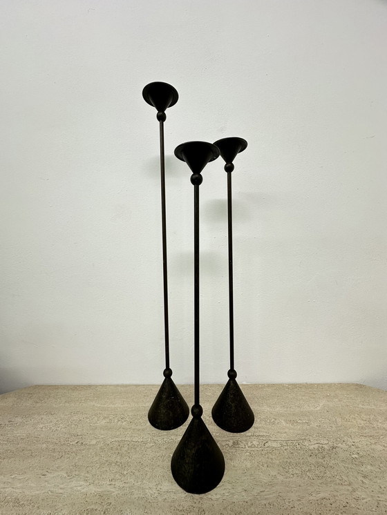 Image 1 of Set of 3 bronze Memphis style candle holders , 1980s