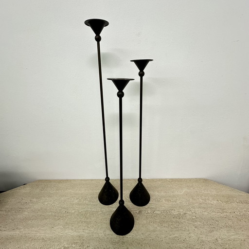 Set of 3 bronze Memphis style candle holders , 1980s