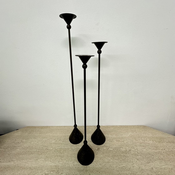 Image 1 of Set of 3 bronze Memphis style candle holders , 1980s