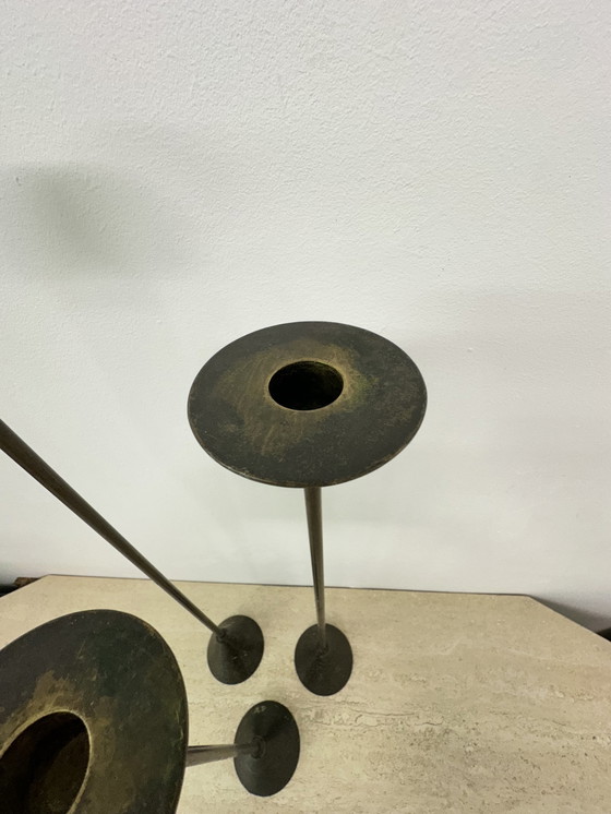 Image 1 of Set of 3 bronze Memphis style candle holders , 1980s