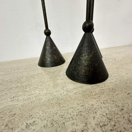 Image 1 of Set of 3 bronze Memphis style candle holders , 1980s