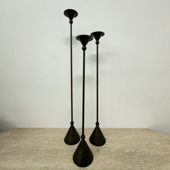 Image 1 of Set of 3 bronze Memphis style candle holders , 1980s