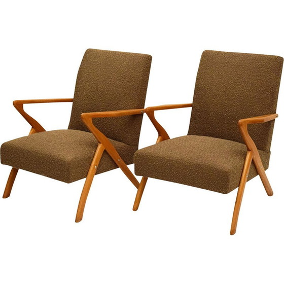Image 1 of Pair of vintage Scandinavian armchairs in wood and bouclé fabric, 1950