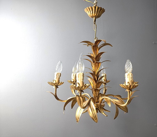 Vintage Gilt Metal Pineapple Leaf Chandelier, 1960S