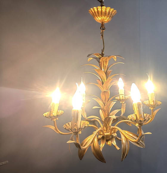 Image 1 of Lampadario vintage in metallo dorato a forma di foglia di ananas, anni '60