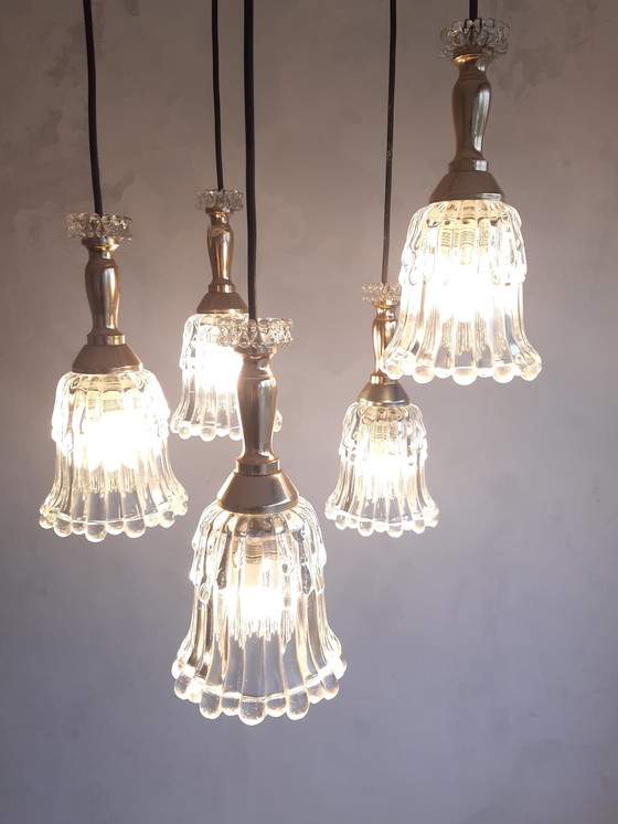Image 1 of Vintage Gold Cascade Pendant Lamp With 5 Transparent Glass Chalices