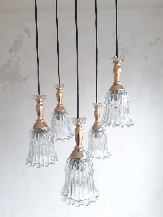 Image 1 of Vintage Gold Cascade Pendant Lamp With 5 Transparent Glass Chalices