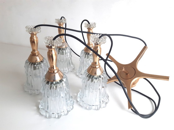 Image 1 of Vintage Gold Cascade Pendant Lamp With 5 Transparent Glass Chalices