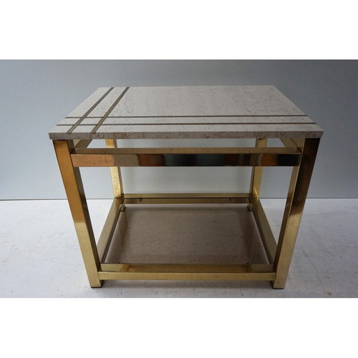 Vintage side table in travertine, gold, glass and brass by Alain Delon for Maison Jansen, 1970s
