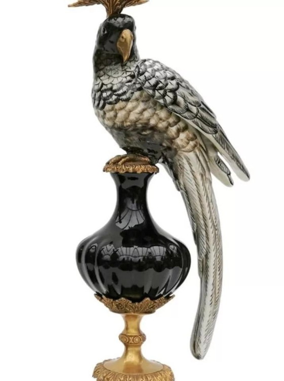 Image 1 of A Pair Of Bronze Mounted Porcelain Parrot Candle Holders New Figure Candlestick