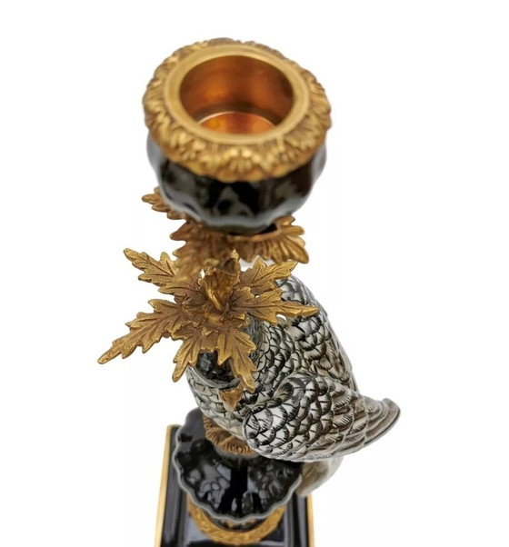 Image 1 of A Pair Of Bronze Mounted Porcelain Parrot Candle Holders New Figure Candlestick