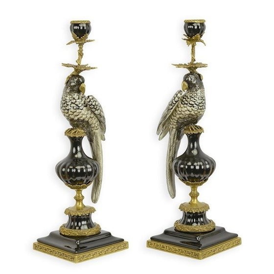 Image 1 of A Pair Of Bronze Mounted Porcelain Parrot Candle Holders New Figure Candlestick