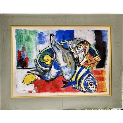 Decoración de peces en gouache vintage, 1950