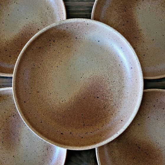 Image 1 of 6 Sarreguemines Moucheté Burgundy Stoneware Soup Plates