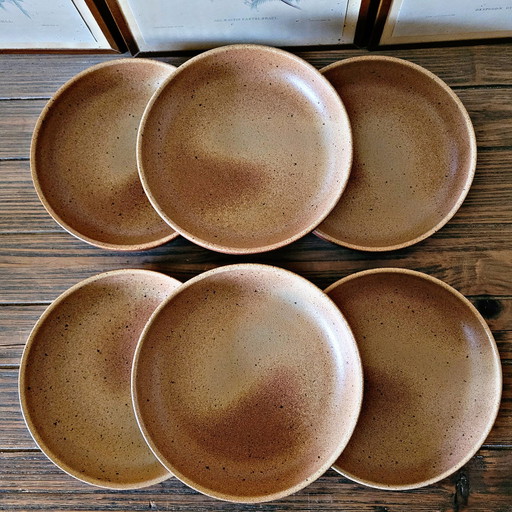 6 Sarreguemines Moucheté Burgundy Stoneware Soup Plates