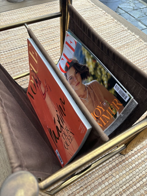 Vintage Magazine Rack Of Gilded Metal And Fabric