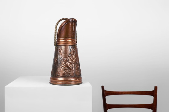 Image 1 of Copper Umbrella Stand With Hammered Relief Of A Religious Scene, France Ca. 1900