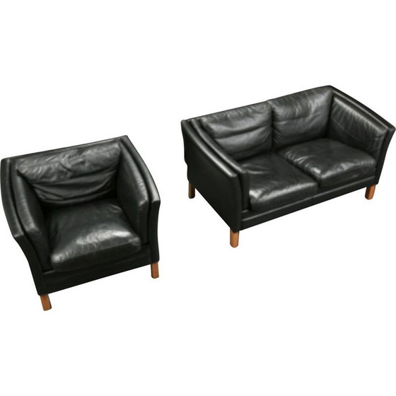 Image 1 of Vintage black aniline leather living room set
