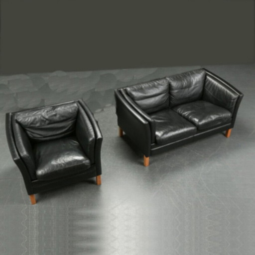 Vintage black aniline leather living room set