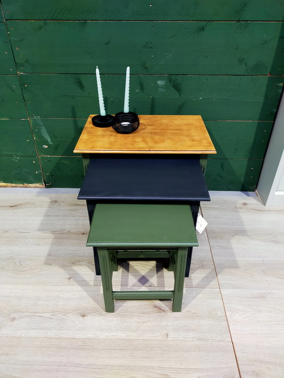 Image 1 of Set of Tables, Green/Black/Wood