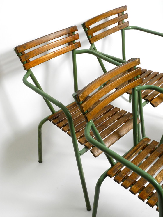 Image 1 of Four stackable Mid - Century bistro chairs made of metal and wood - Made in Italy