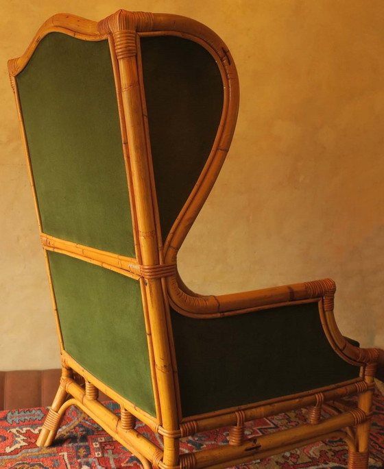 Image 1 of Mid Century Wing Armchair In Bamboo And Olive Green, 1960S