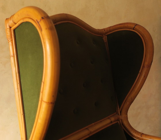 Image 1 of Mid Century Wing Armchair In Bamboo And Olive Green, 1960S