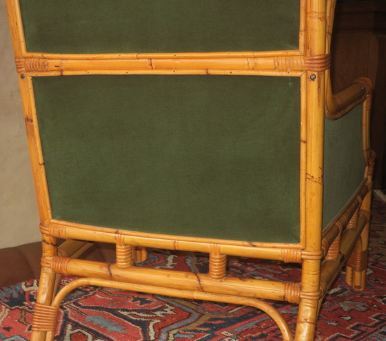 Image 1 of Mid Century Wing Armchair In Bamboo And Olive Green, 1960S