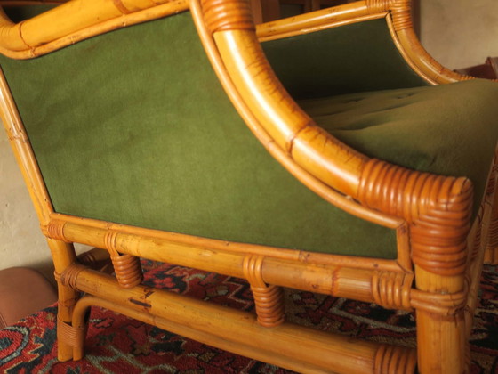 Image 1 of Mid Century Wing Armchair In Bamboo And Olive Green, 1960S