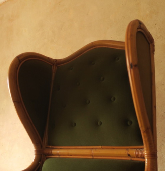 Image 1 of Mid Century Wing Armchair In Bamboo And Olive Green, 1960S